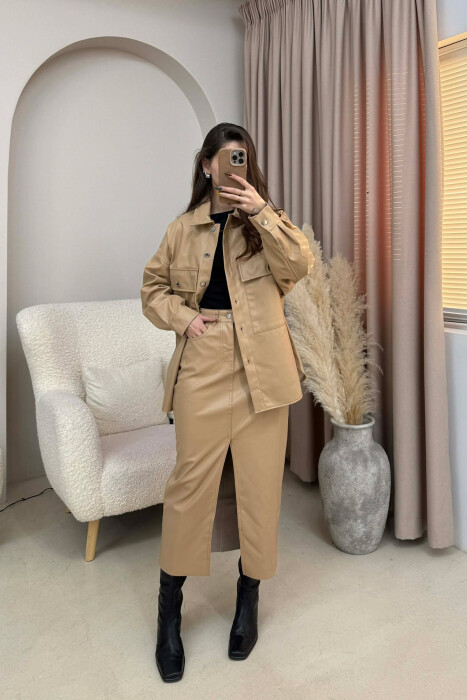 ONE COLOR LEATHER JACKET+ SKIRT WOMEN SET BEIGE/BEZHE - 2