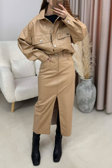 ONE COLOR LEATHER JACKET+ SKIRT WOMEN SET BEIGE/BEZHE - 3