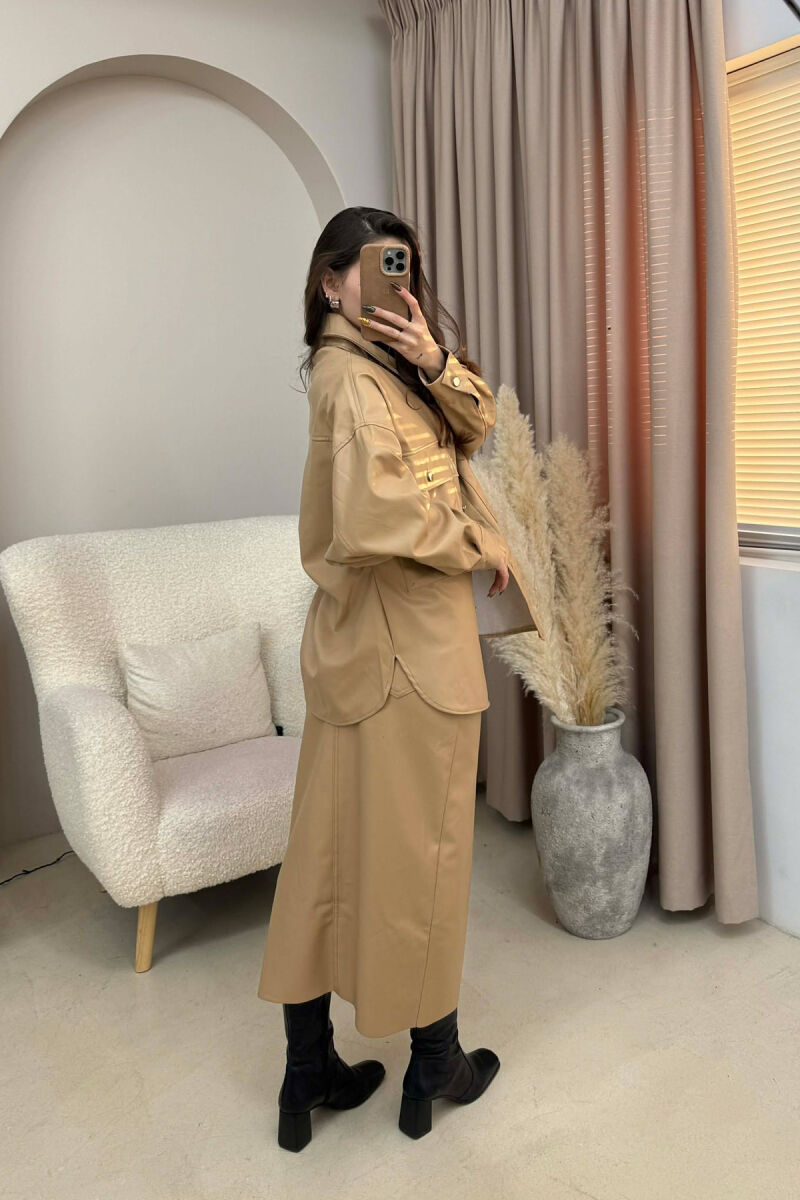 ONE COLOR LEATHER JACKET+ SKIRT WOMEN SET BEIGE/BEZHE - 4