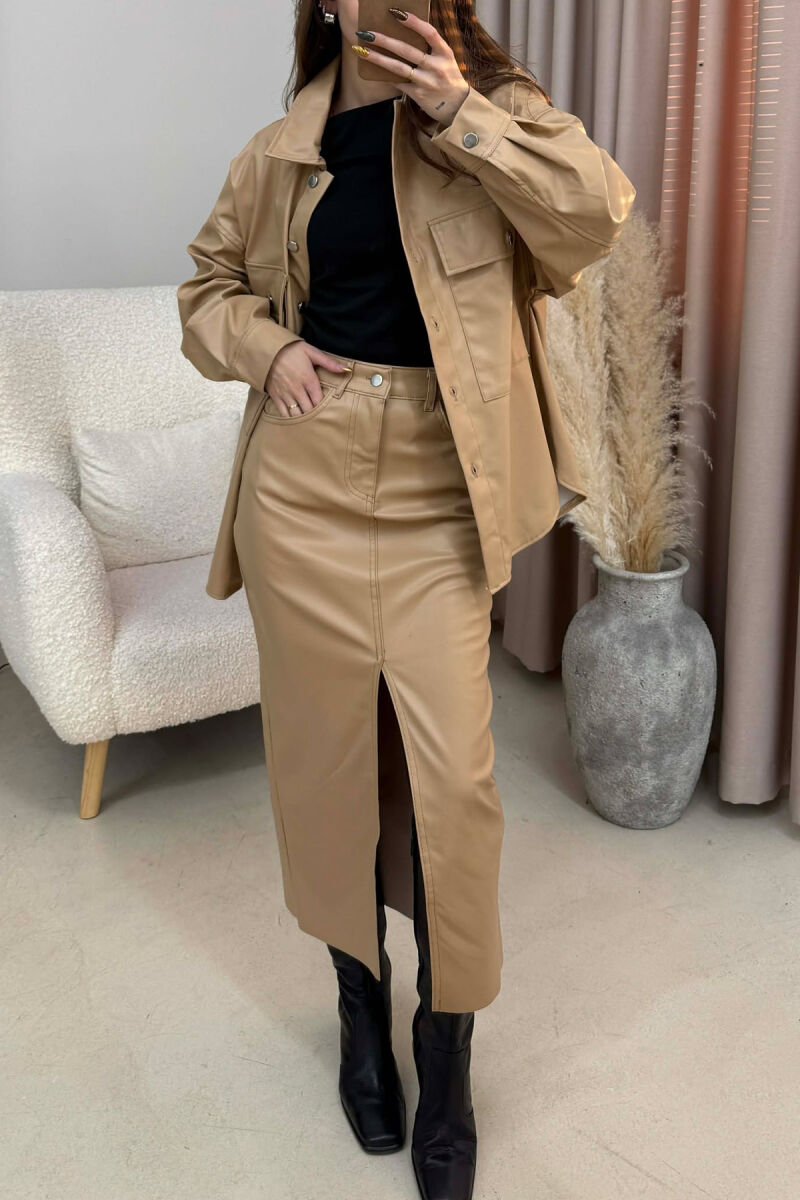 ONE COLOR LEATHER JACKET+ SKIRT WOMEN SET BEIGE/BEZHE - 5