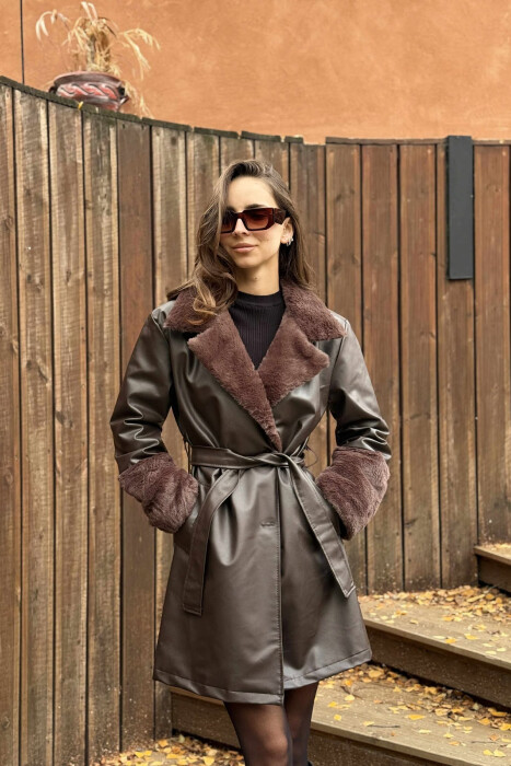 ONE COLOR LEATHER LACING DETAIL WOMEN JACKET BROWN/KAFE - 3