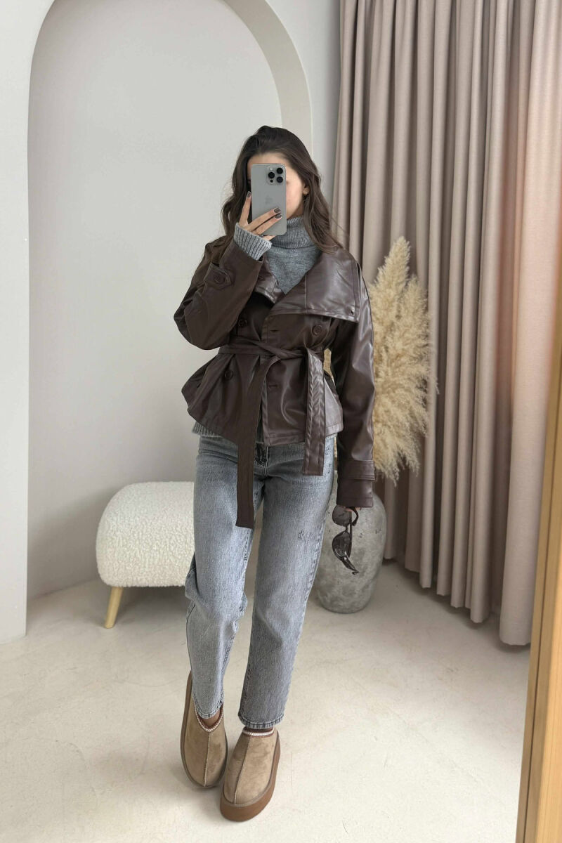 ONE COLOR LEATHER LACING WOMEN JACKET BROWN/KAFE - 3