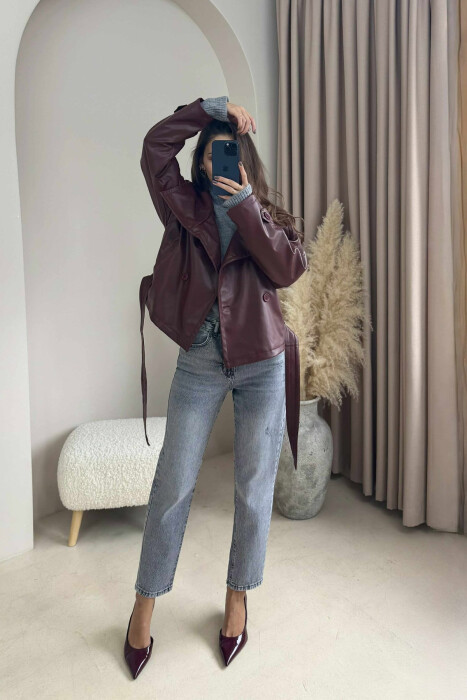 ONE COLOR LEATHER LACING WOMEN JACKET BURGUNDY/VISHNJE - 5