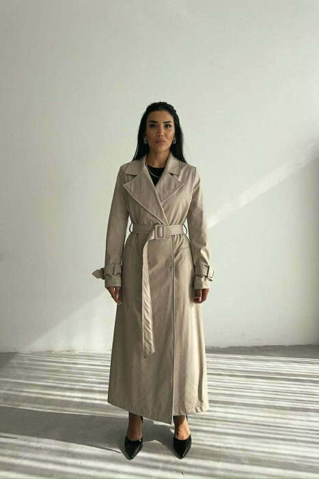ONE COLOR LEATHER LONG WOMEN TRENCH COAT BEIGE/BEZHE - KLAUDIO FASHION