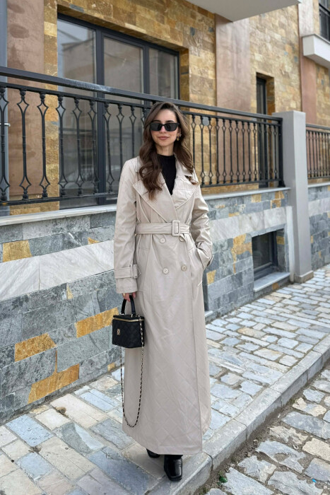 ONE COLOR LEATHER LONG WOMEN TRENCH COAT BEIGE/BEZHE 