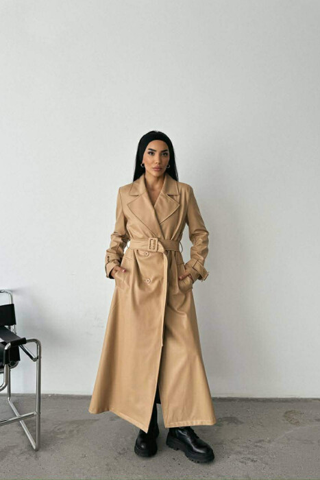 ONE COLOR LEATHER LONG WOMEN TRENCH COAT BEIGE/BEZHE - 1