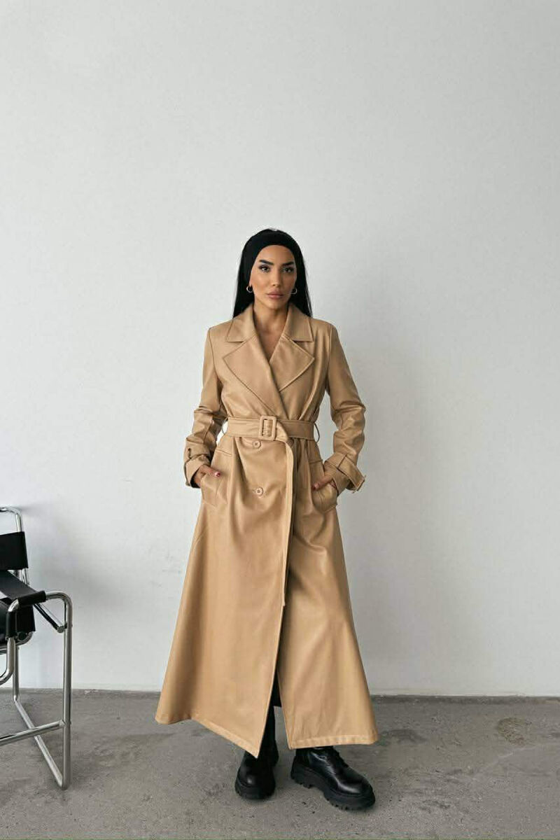 ONE COLOR LEATHER LONG WOMEN TRENCH COAT BEIGE/BEZHE - 1
