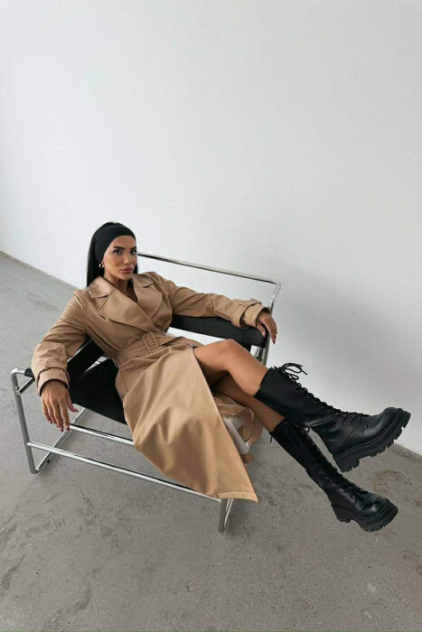 ONE COLOR LEATHER LONG WOMEN TRENCH COAT BEIGE/BEZHE - 2