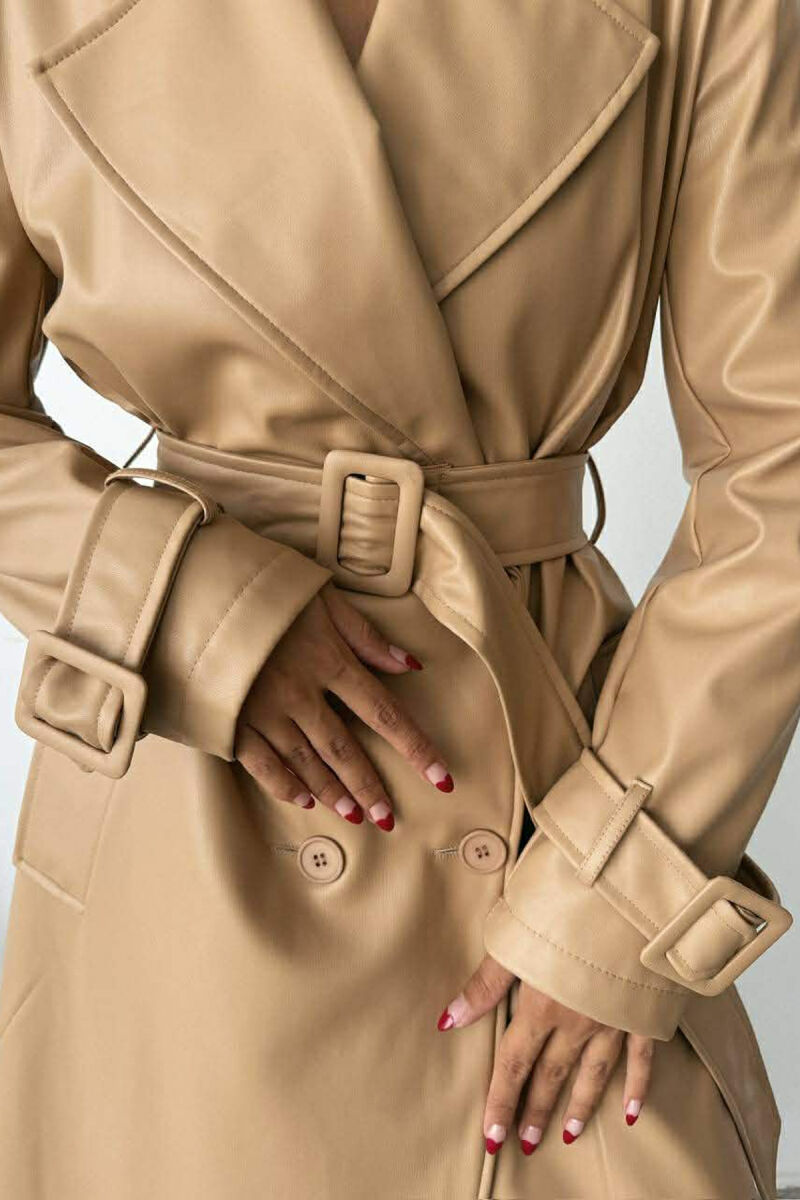 ONE COLOR LEATHER LONG WOMEN TRENCH COAT BEIGE/BEZHE - 3