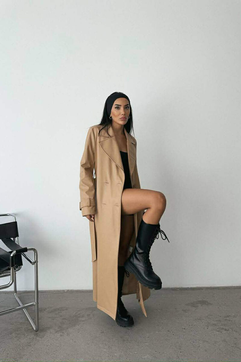 ONE COLOR LEATHER LONG WOMEN TRENCH COAT BEIGE/BEZHE - 4