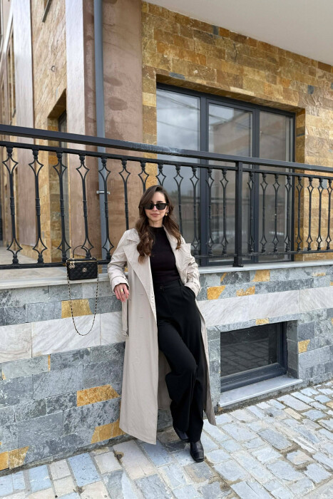 ONE COLOR LEATHER LONG WOMEN TRENCH COAT BEIGE/BEZHE - 2