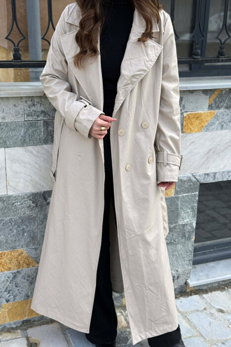 ONE COLOR LEATHER LONG WOMEN TRENCH COAT BEIGE/BEZHE - 3