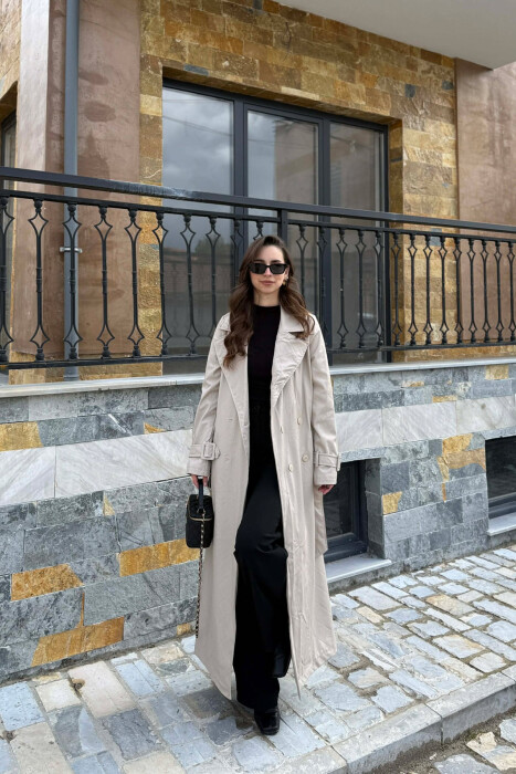 ONE COLOR LEATHER LONG WOMEN TRENCH COAT BEIGE/BEZHE - 5