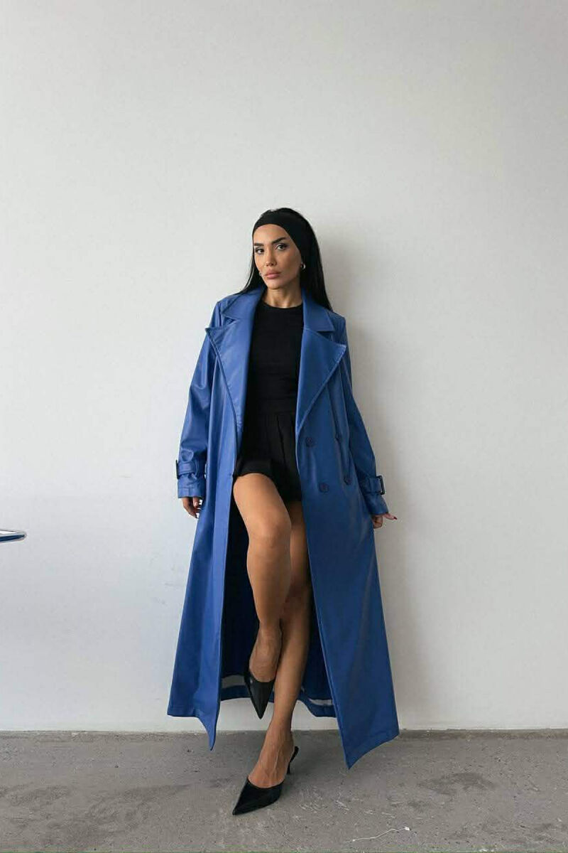 ONE COLOR LEATHER LONG WOMEN TRENCH COAT BLUE/BLU - 1