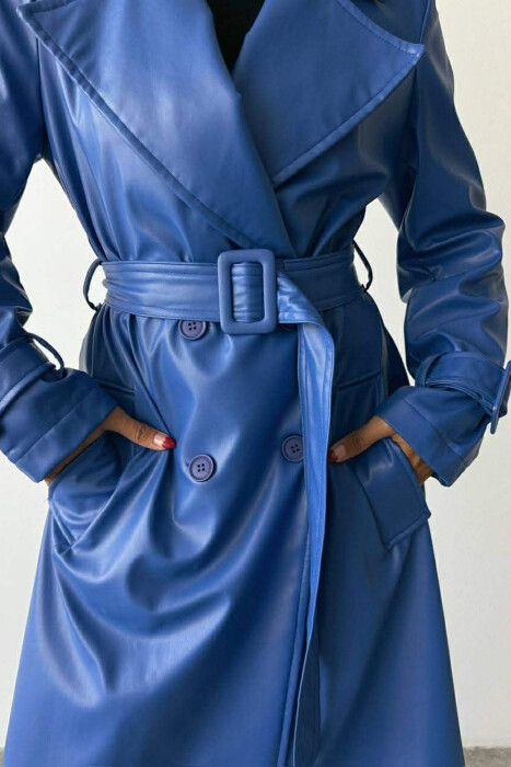 ONE COLOR LEATHER LONG WOMEN TRENCH COAT BLUE/BLU - 2