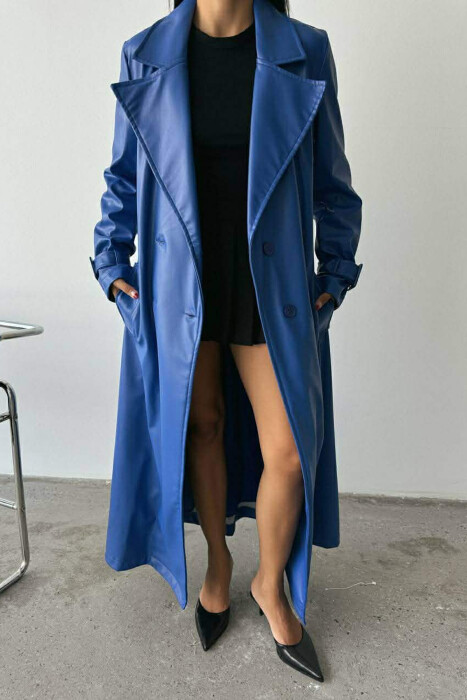 ONE COLOR LEATHER LONG WOMEN TRENCH COAT BLUE/BLU - 4