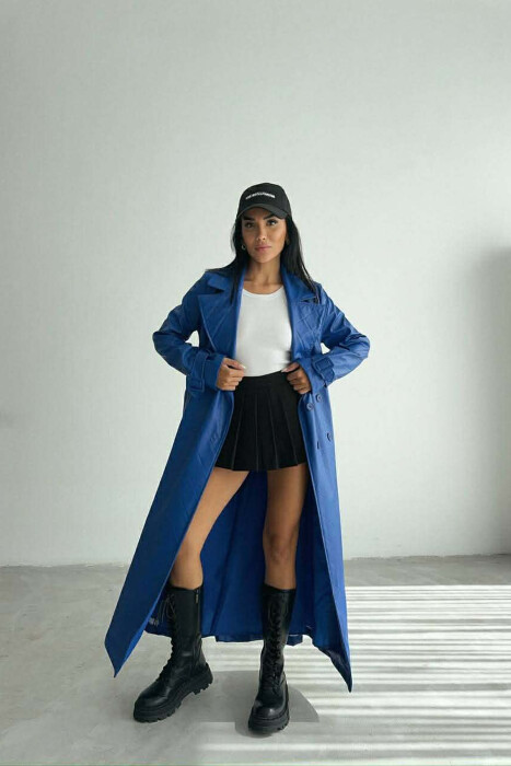 ONE COLOR LEATHER LONG WOMEN TRENCH COAT BLUE/BLU - 2