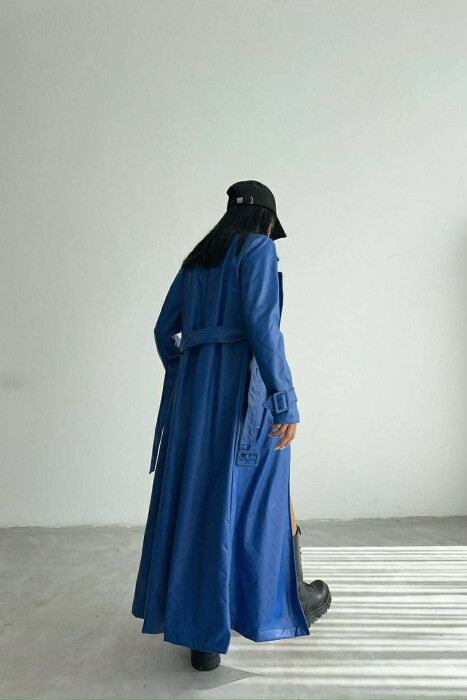 ONE COLOR LEATHER LONG WOMEN TRENCH COAT BLUE/BLU - 4