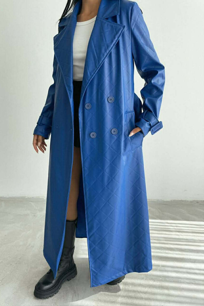 ONE COLOR LEATHER LONG WOMEN TRENCH COAT BLUE/BLU - 5