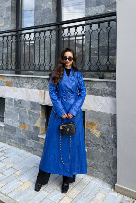ONE COLOR LEATHER LONG WOMEN TRENCH COAT BLUE/BLU - 1