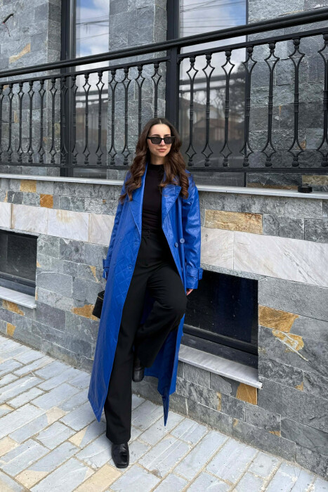 ONE COLOR LEATHER LONG WOMEN TRENCH COAT BLUE/BLU - 2