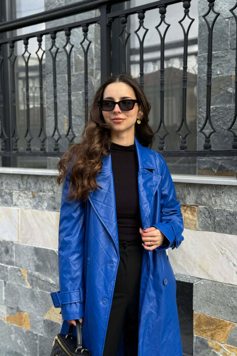 ONE COLOR LEATHER LONG WOMEN TRENCH COAT BLUE/BLU - 3