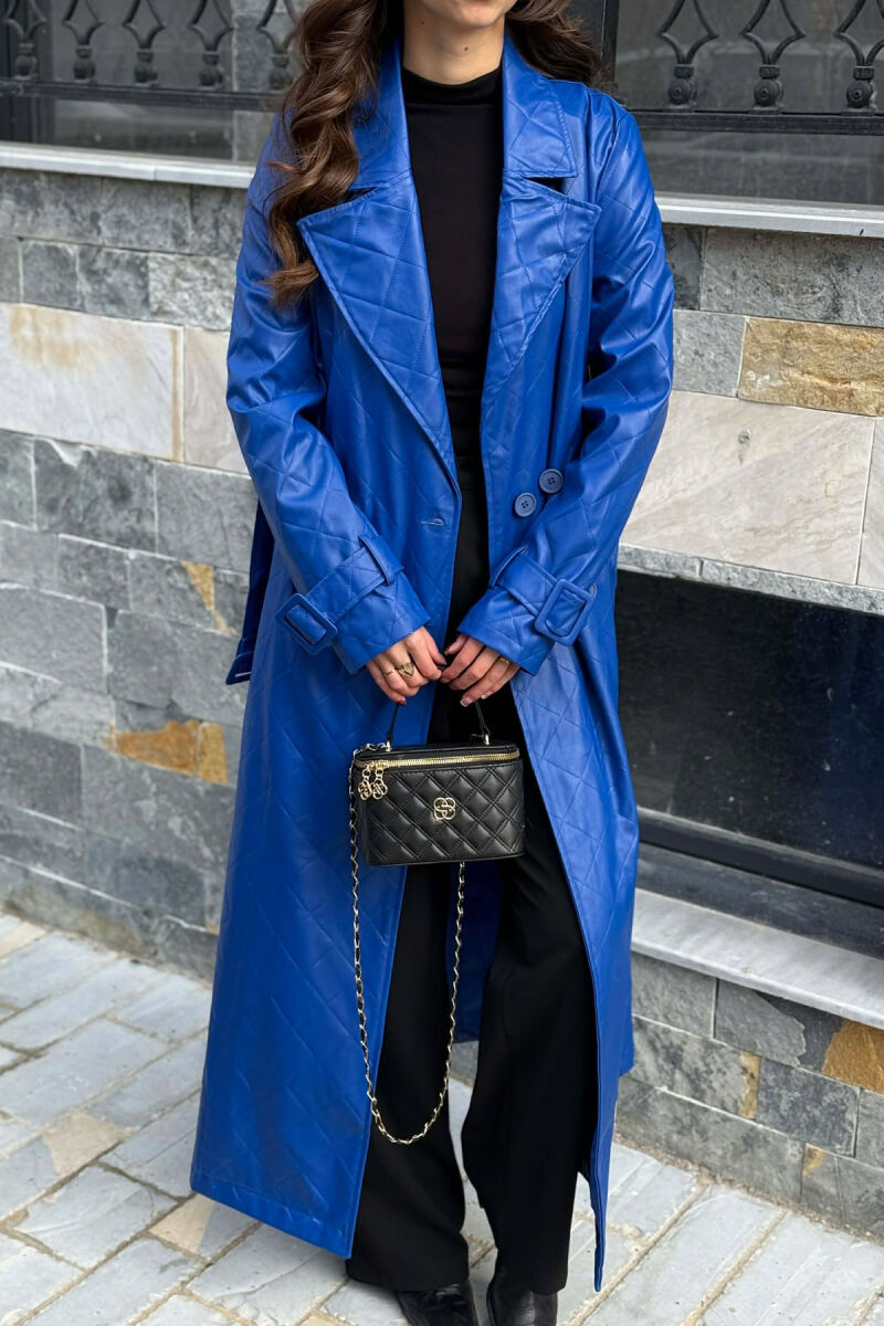 ONE COLOR LEATHER LONG WOMEN TRENCH COAT BLUE/BLU - 4