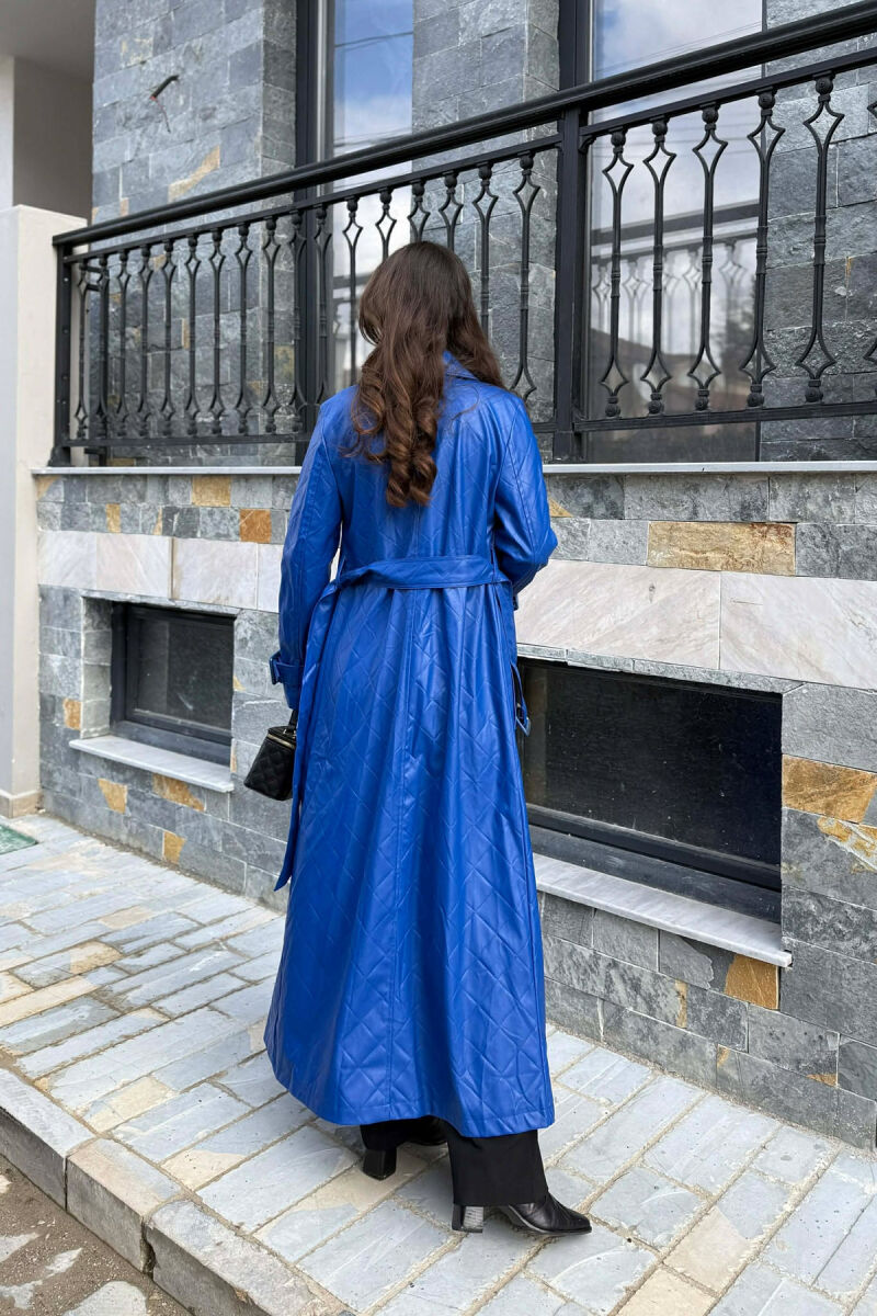 ONE COLOR LEATHER LONG WOMEN TRENCH COAT BLUE/BLU - 5