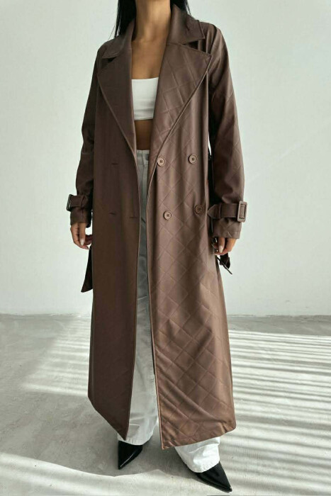 ONE COLOR LEATHER LONG WOMEN TRENCH COAT BROWN/KAFE - 3