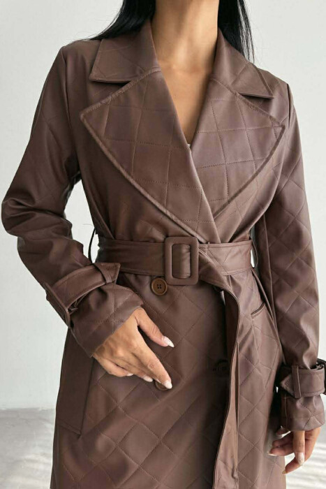 ONE COLOR LEATHER LONG WOMEN TRENCH COAT BROWN/KAFE - 5