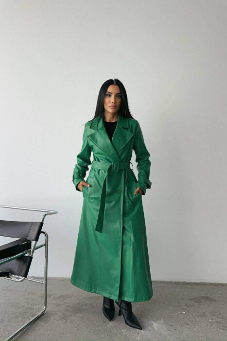 ONE COLOR LEATHER LONG WOMEN TRENCH COAT GREEN/JESHILE 