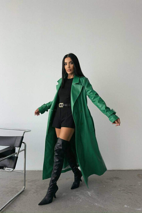 ONE COLOR LEATHER LONG WOMEN TRENCH COAT GREEN/JESHILE - 2