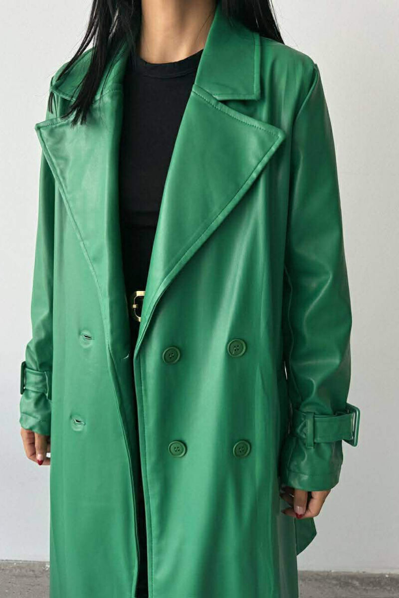 ONE COLOR LEATHER LONG WOMEN TRENCH COAT GREEN/JESHILE - 3