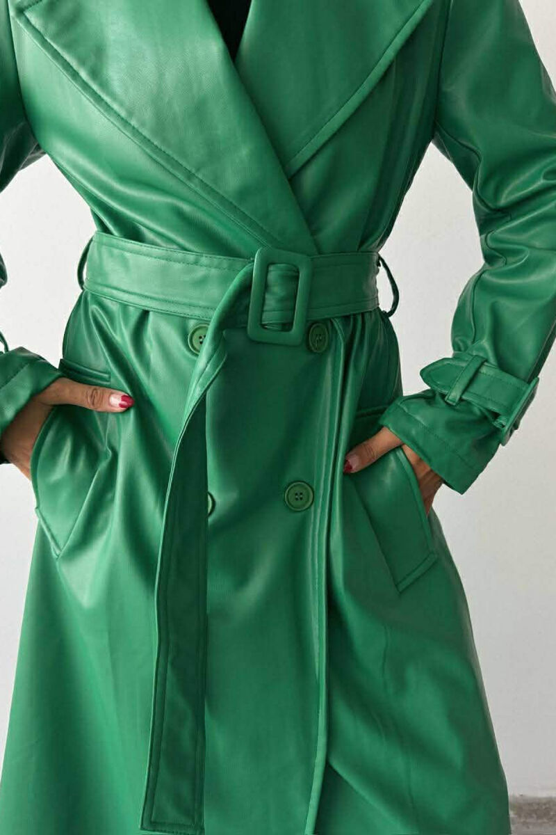 ONE COLOR LEATHER LONG WOMEN TRENCH COAT GREEN/JESHILE - 4