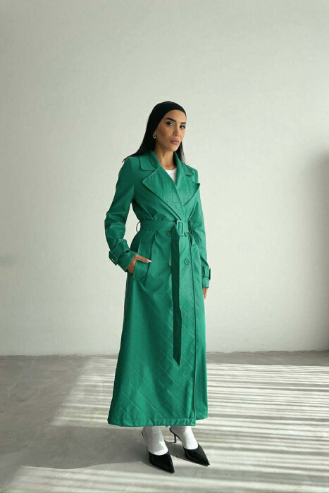 ONE COLOR LEATHER LONG WOMEN TRENCH COAT GREEN/JESHILE - 1