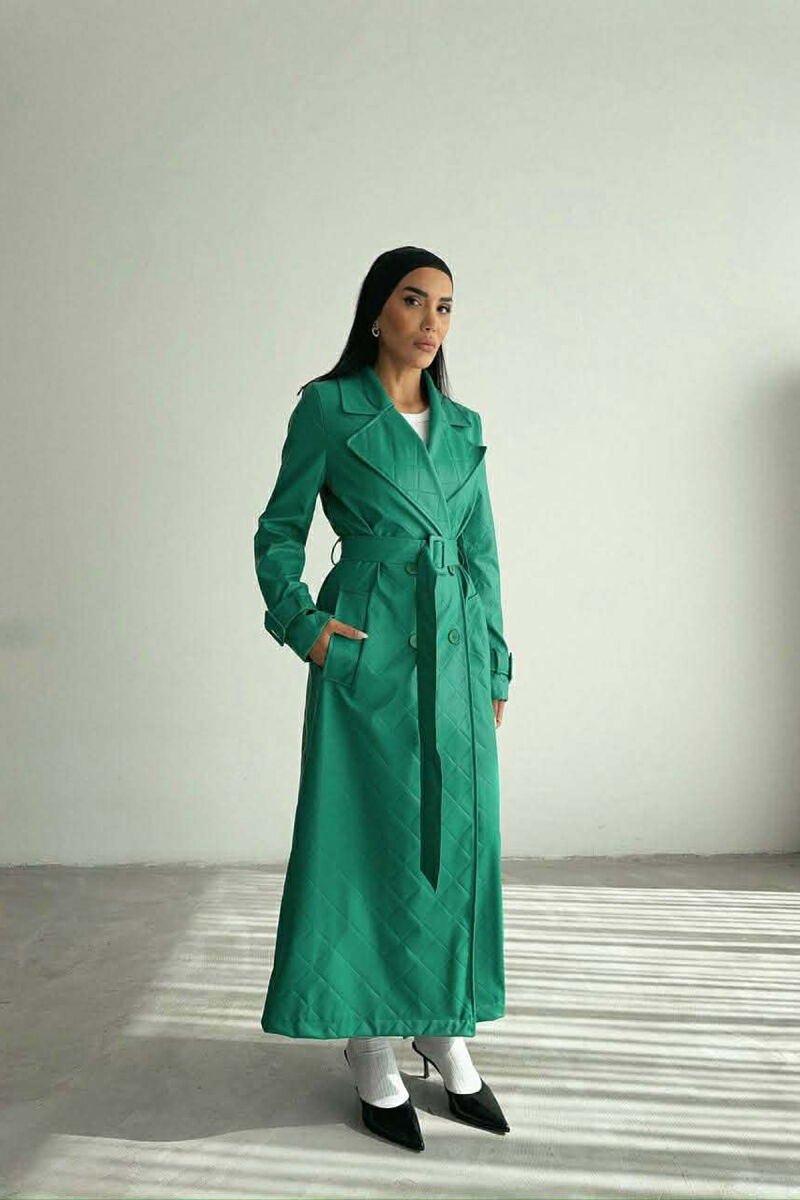 ONE COLOR LEATHER LONG WOMEN TRENCH COAT GREEN/JESHILE - 1