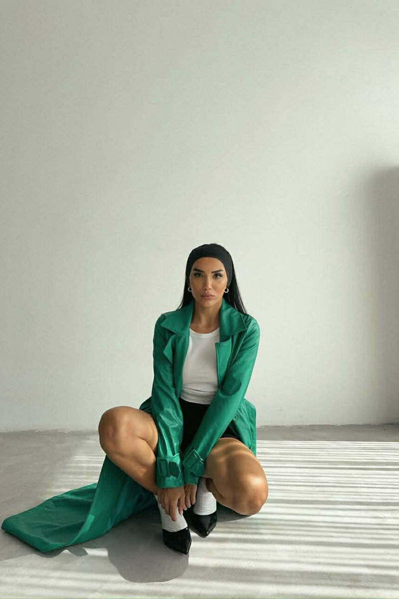 ONE COLOR LEATHER LONG WOMEN TRENCH COAT GREEN/JESHILE - 2