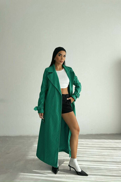 ONE COLOR LEATHER LONG WOMEN TRENCH COAT GREEN/JESHILE - 3
