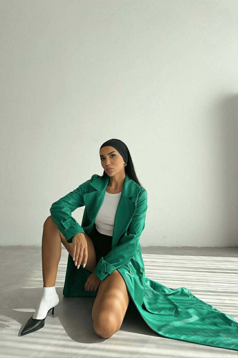 ONE COLOR LEATHER LONG WOMEN TRENCH COAT GREEN/JESHILE - 4
