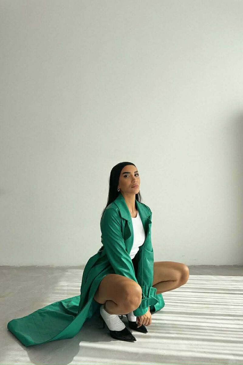 ONE COLOR LEATHER LONG WOMEN TRENCH COAT GREEN/JESHILE - 5