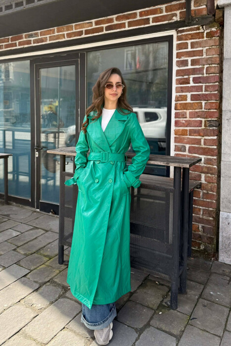 ONE COLOR LEATHER LONG WOMEN TRENCH COAT GREEN/JESHILE - 1