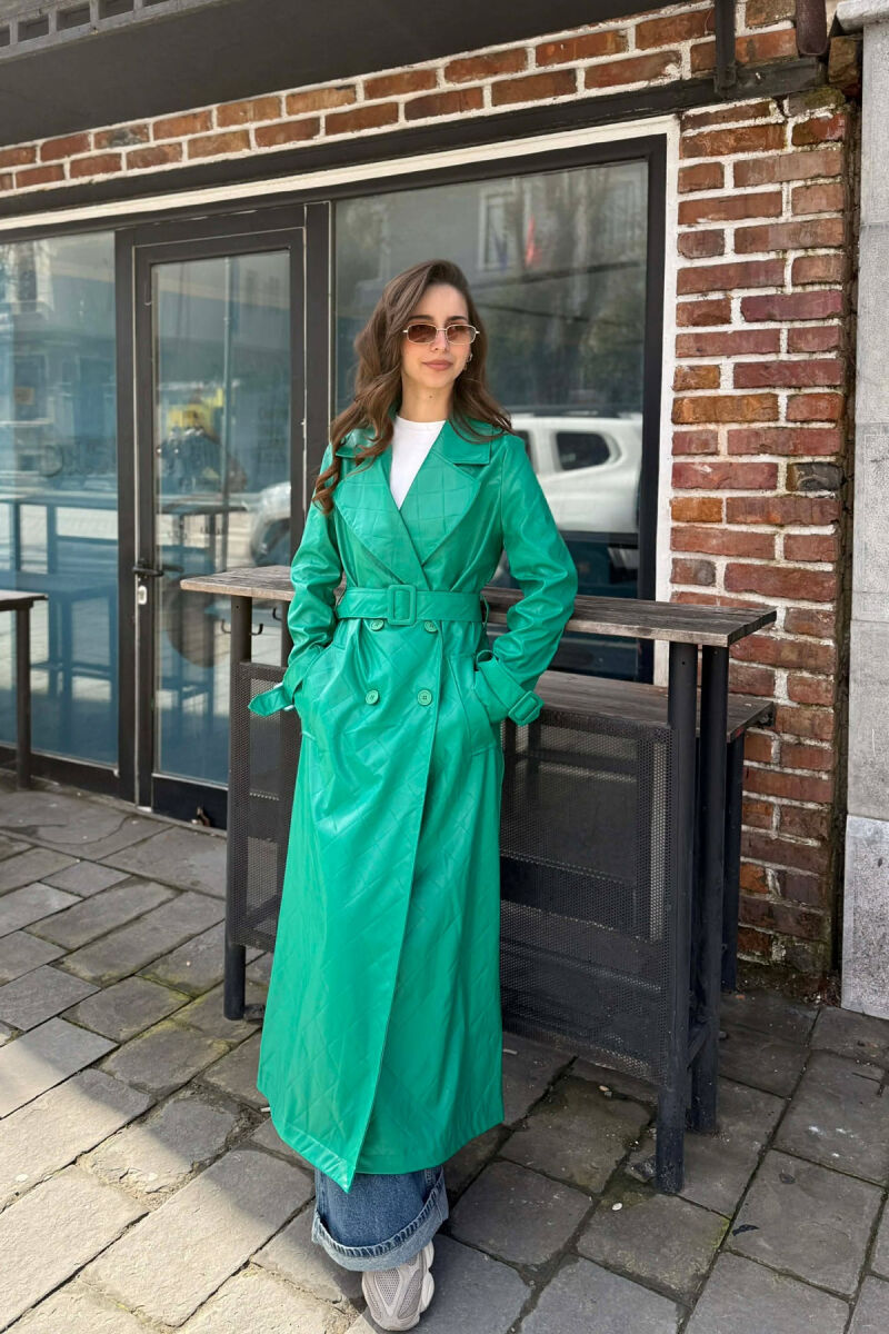 ONE COLOR LEATHER LONG WOMEN TRENCH COAT GREEN/JESHILE - 1