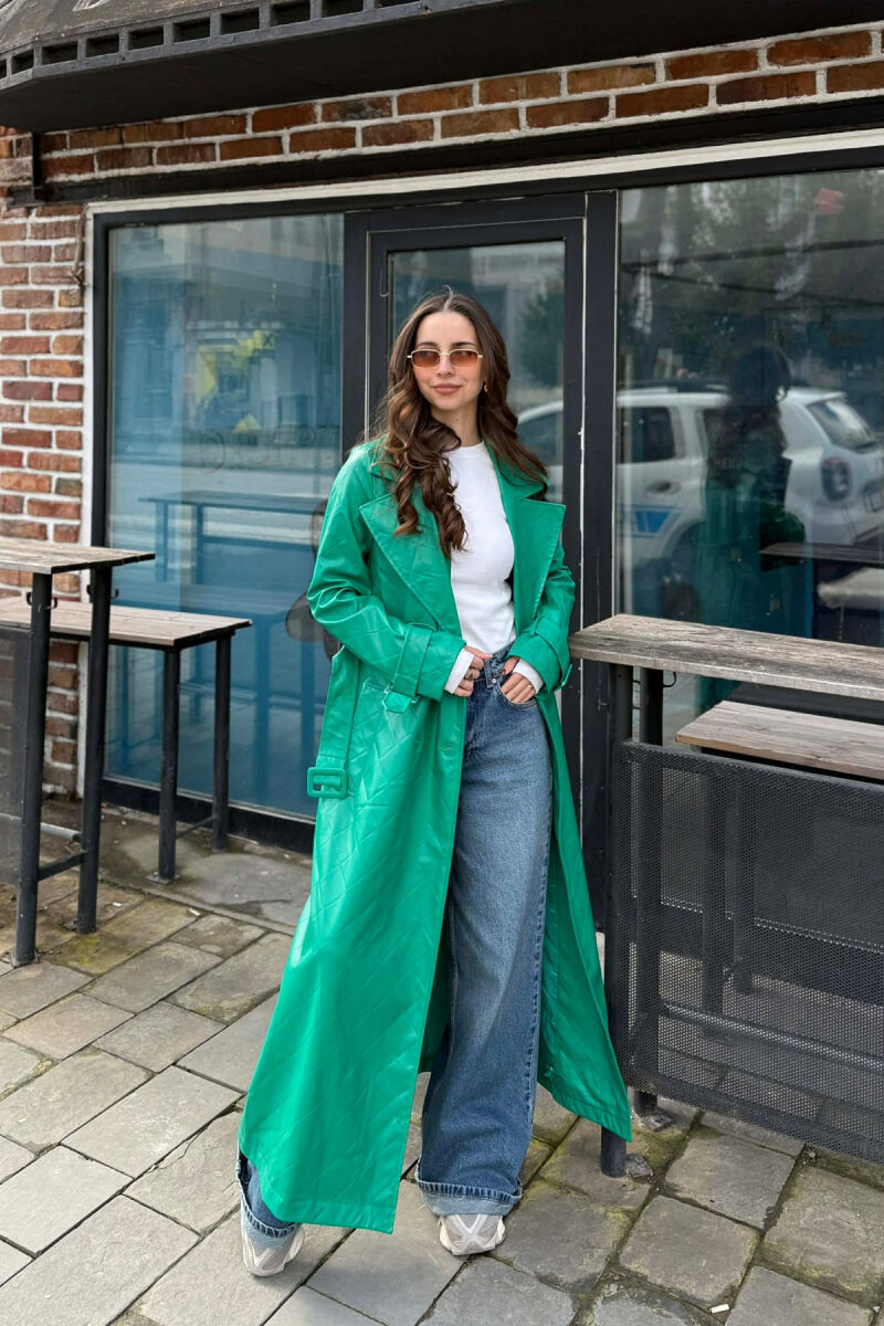 ONE COLOR LEATHER LONG WOMEN TRENCH COAT GREEN/JESHILE - 2