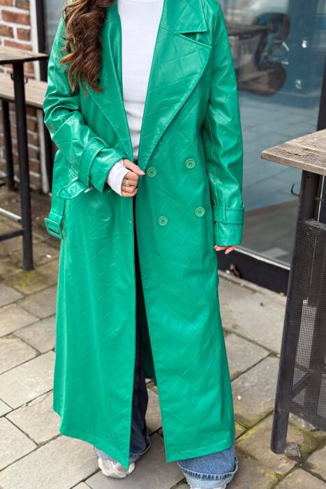 ONE COLOR LEATHER LONG WOMEN TRENCH COAT GREEN/JESHILE - 3
