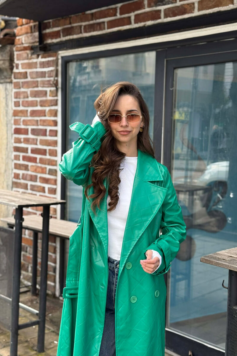 ONE COLOR LEATHER LONG WOMEN TRENCH COAT GREEN/JESHILE - 4