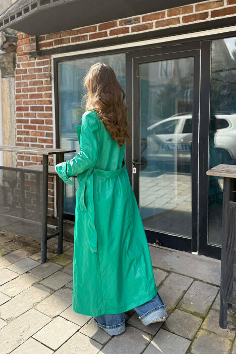 ONE COLOR LEATHER LONG WOMEN TRENCH COAT GREEN/JESHILE - 5
