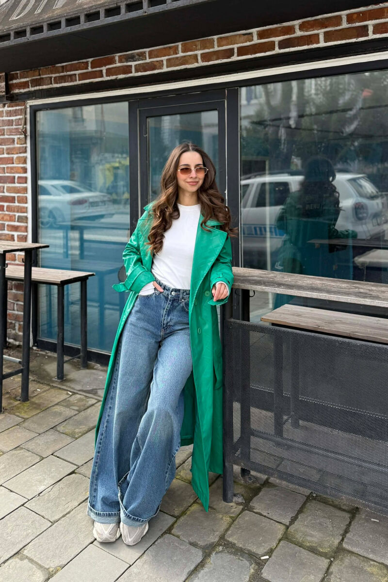 ONE COLOR LEATHER LONG WOMEN TRENCH COAT GREEN/JESHILE - 6