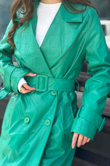 ONE COLOR LEATHER LONG WOMEN TRENCH COAT GREEN/JESHILE - 7