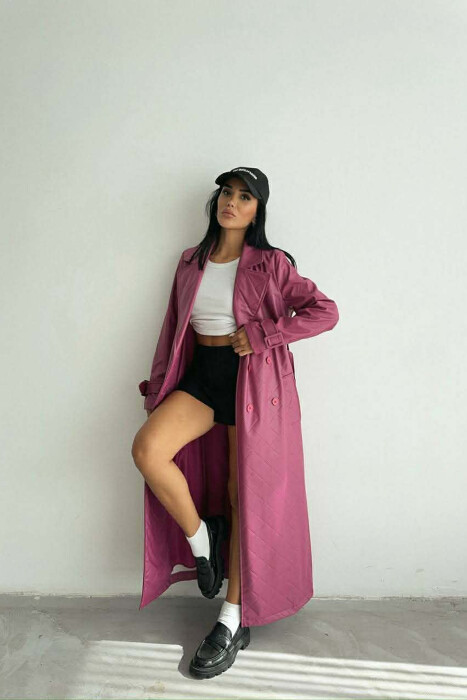 ONE COLOR LEATHER LONG WOMEN TRENCH COAT PURPLE/LEJLA - 7