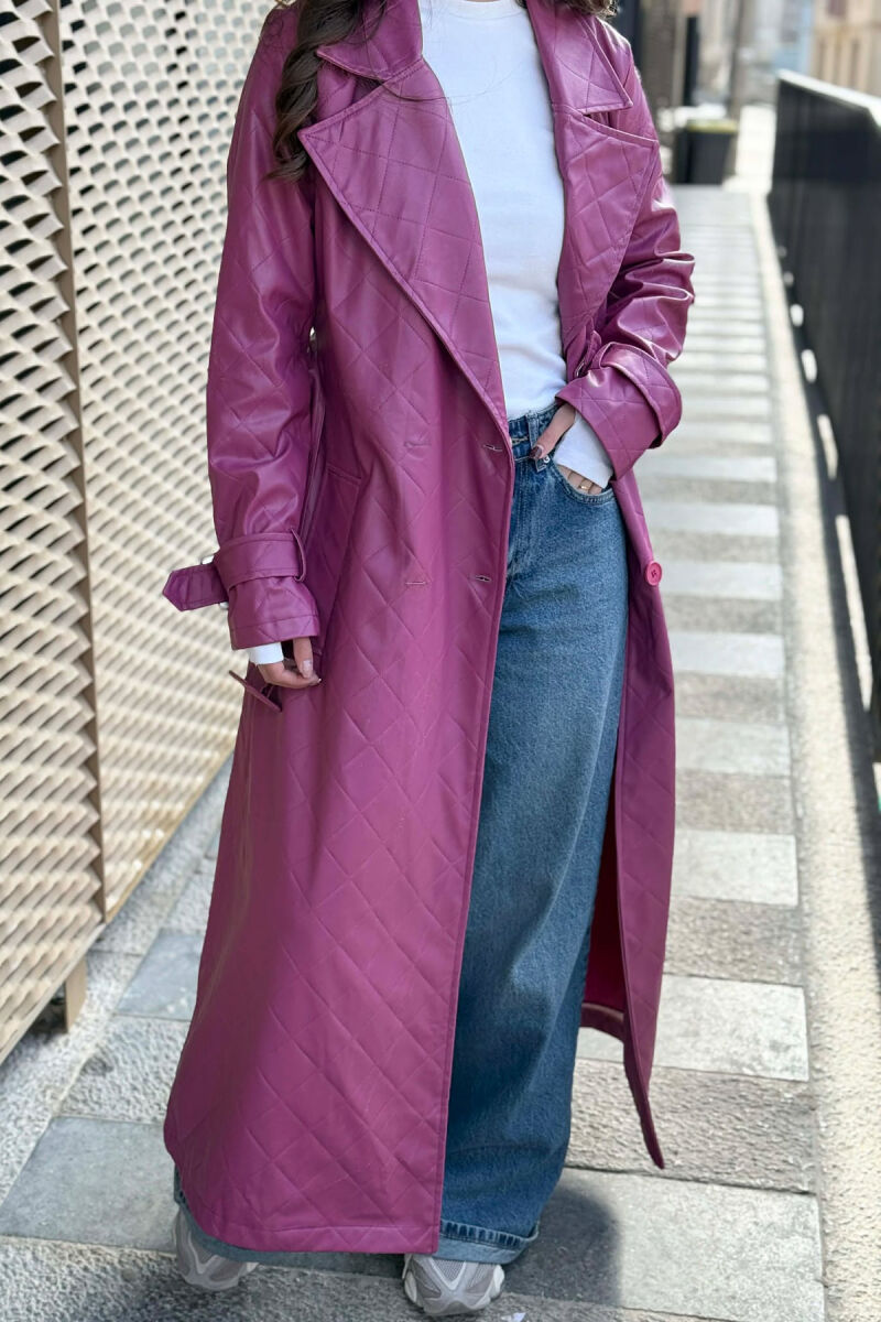 ONE COLOR LEATHER LONG WOMEN TRENCH COAT PURPLE/LEJLA - 3